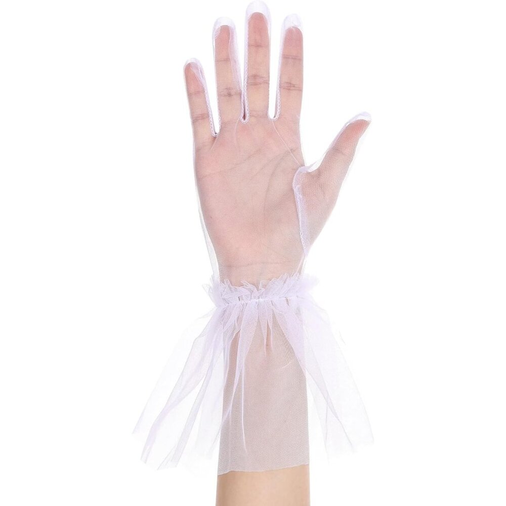 Women's Short White Tulle Mesh Puffy Ruffle Gloves Wedding Party Prom Costume - Picture 2 of 7